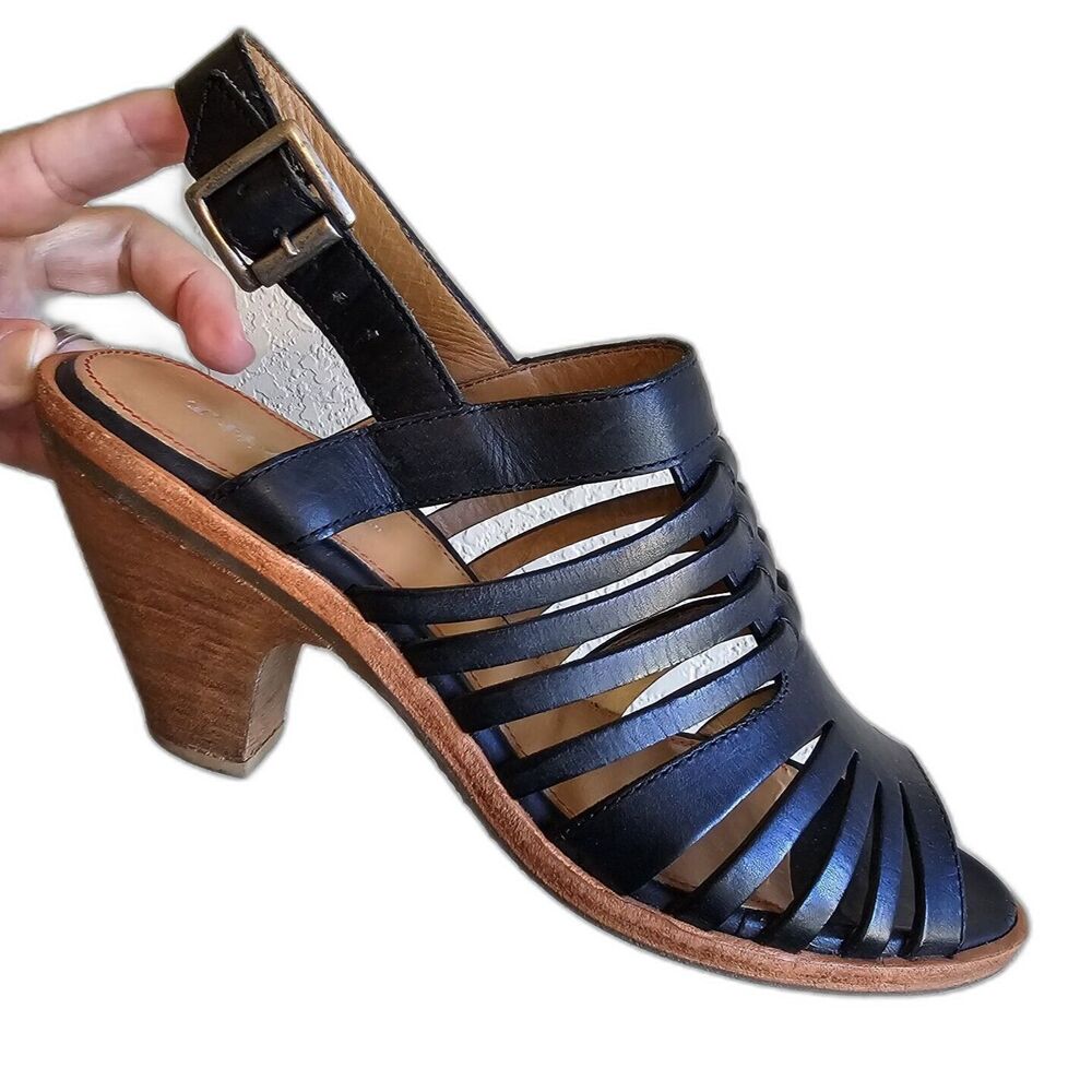 TRASK Black Leather Strappy Peep Toe Heels Size 7.5 Ankle Strap Buckle MSRP $298